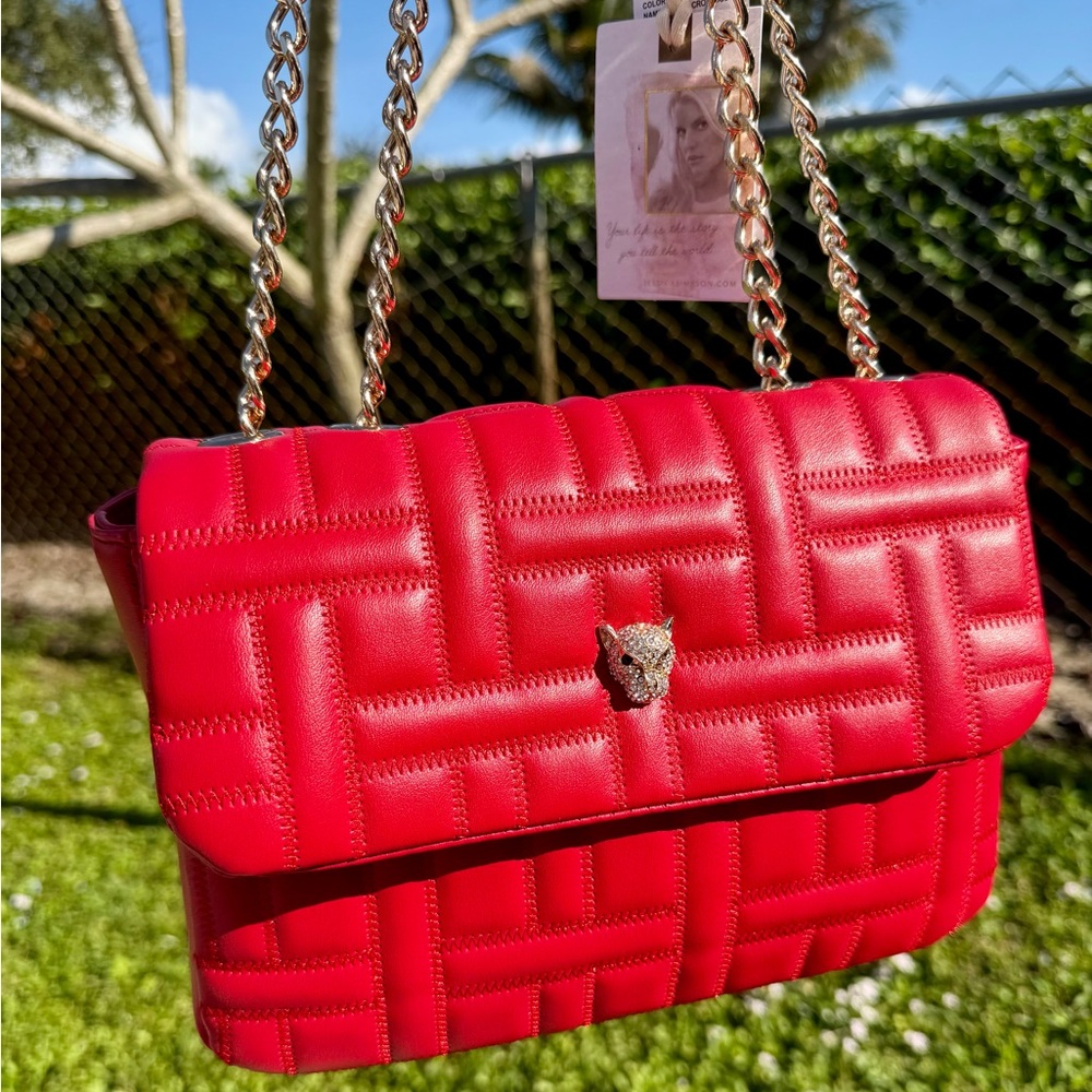 JESSICA SIMPSON Gillian Quilted Shoulder/Crossbody Chain Bag in Crimson Red - Picture 6 of 16
